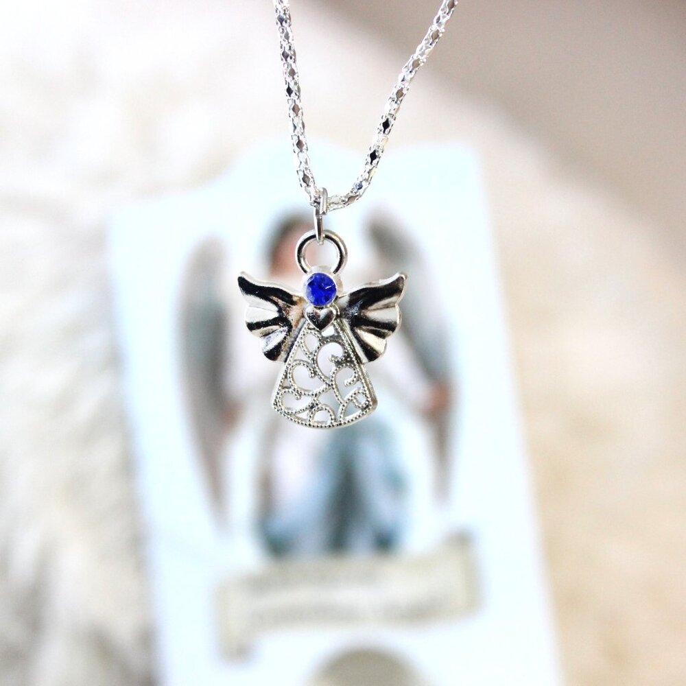 ⭐️  Hollow Sapphire Blue Stone Hollow Guardian Angel Protection Necklace ⭐️